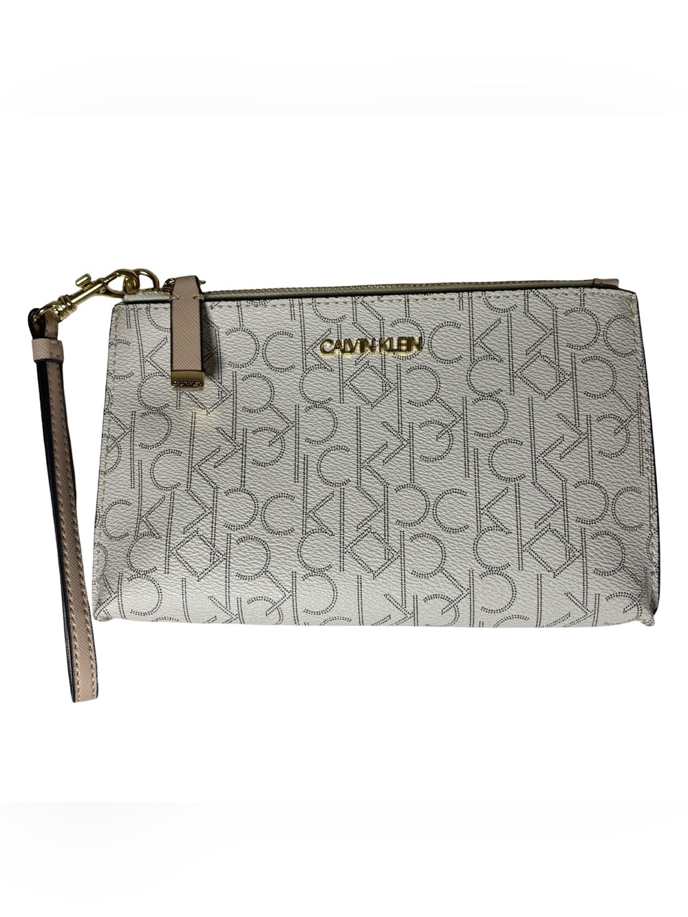 EUC Calvin Klein Cream Clutch Wristlet Signature Print with Card Holder